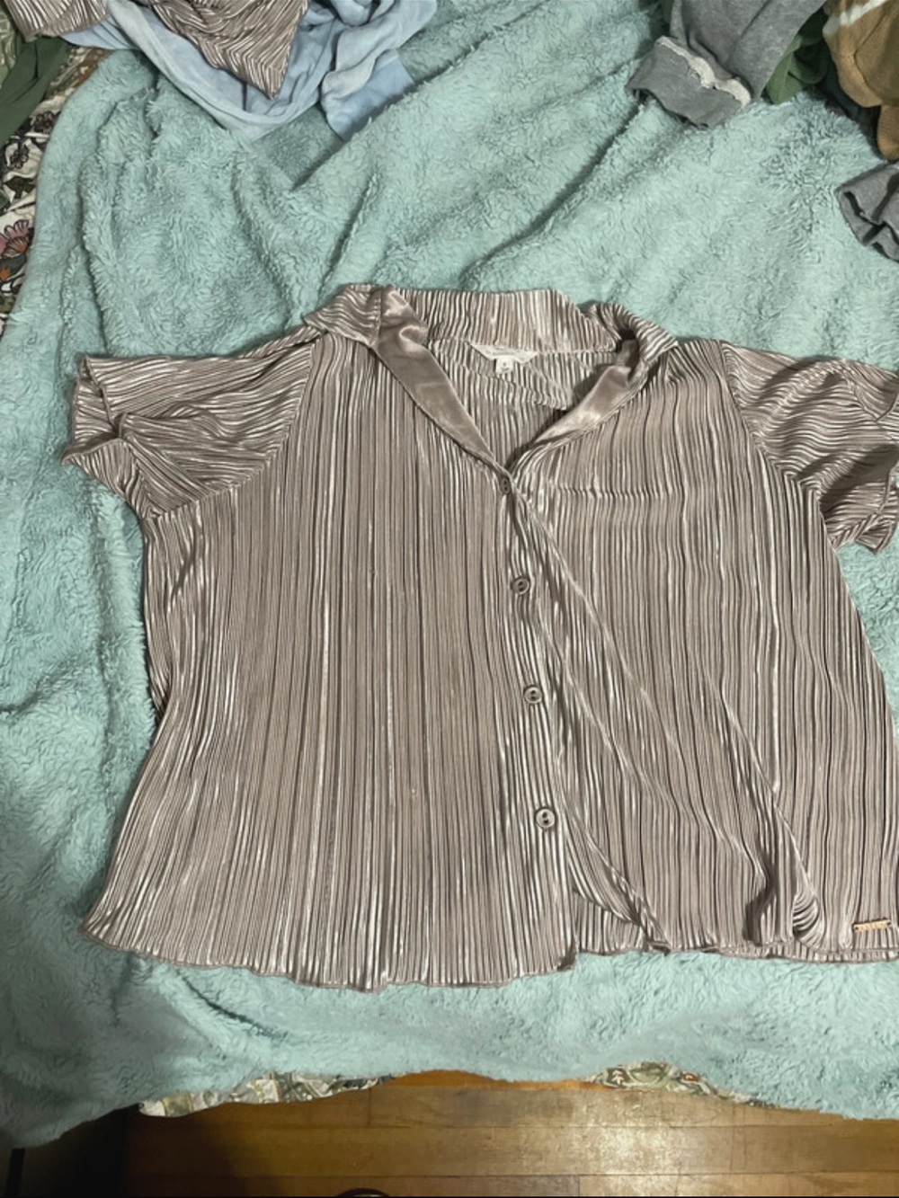 Danskin Pleated Short-Sleeve Button Front Top - Taupe